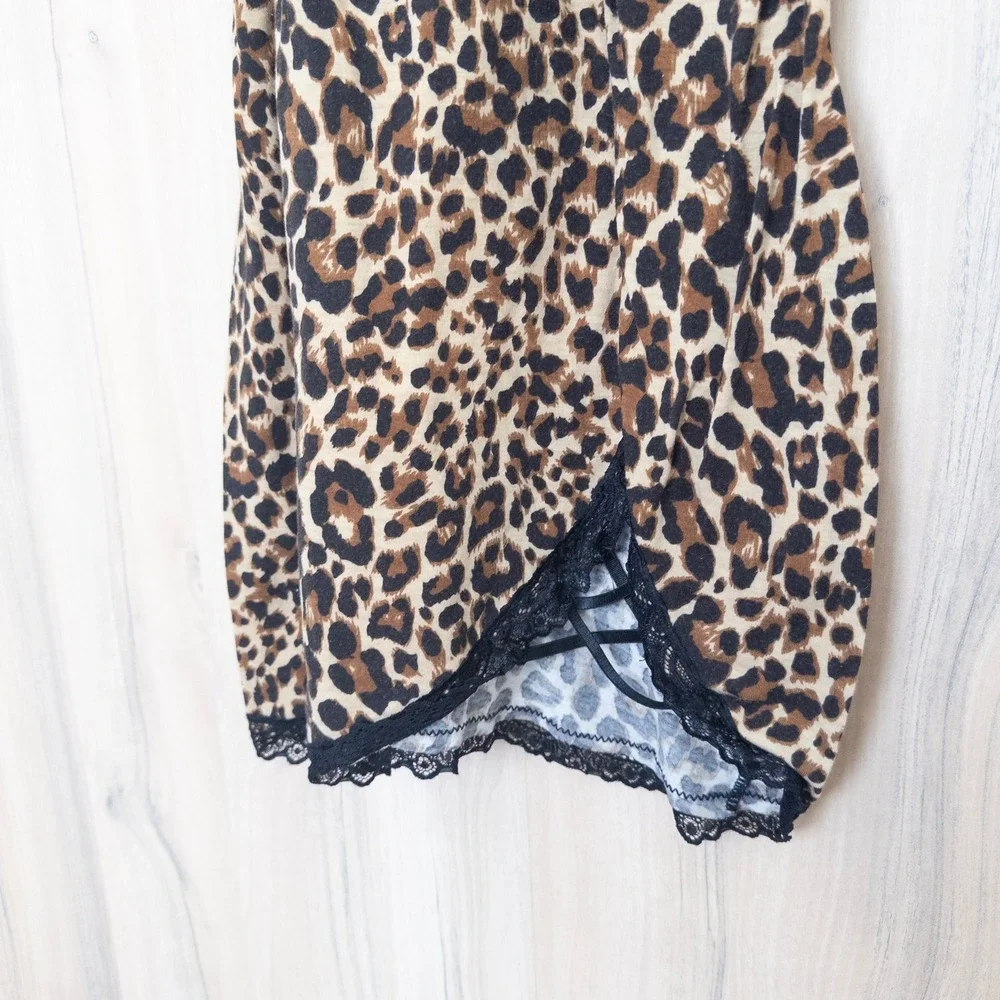 Womens Leopard Lace Trim Cami Top XL Brown Strappy Stretch Y2K Mob Wife Coquette